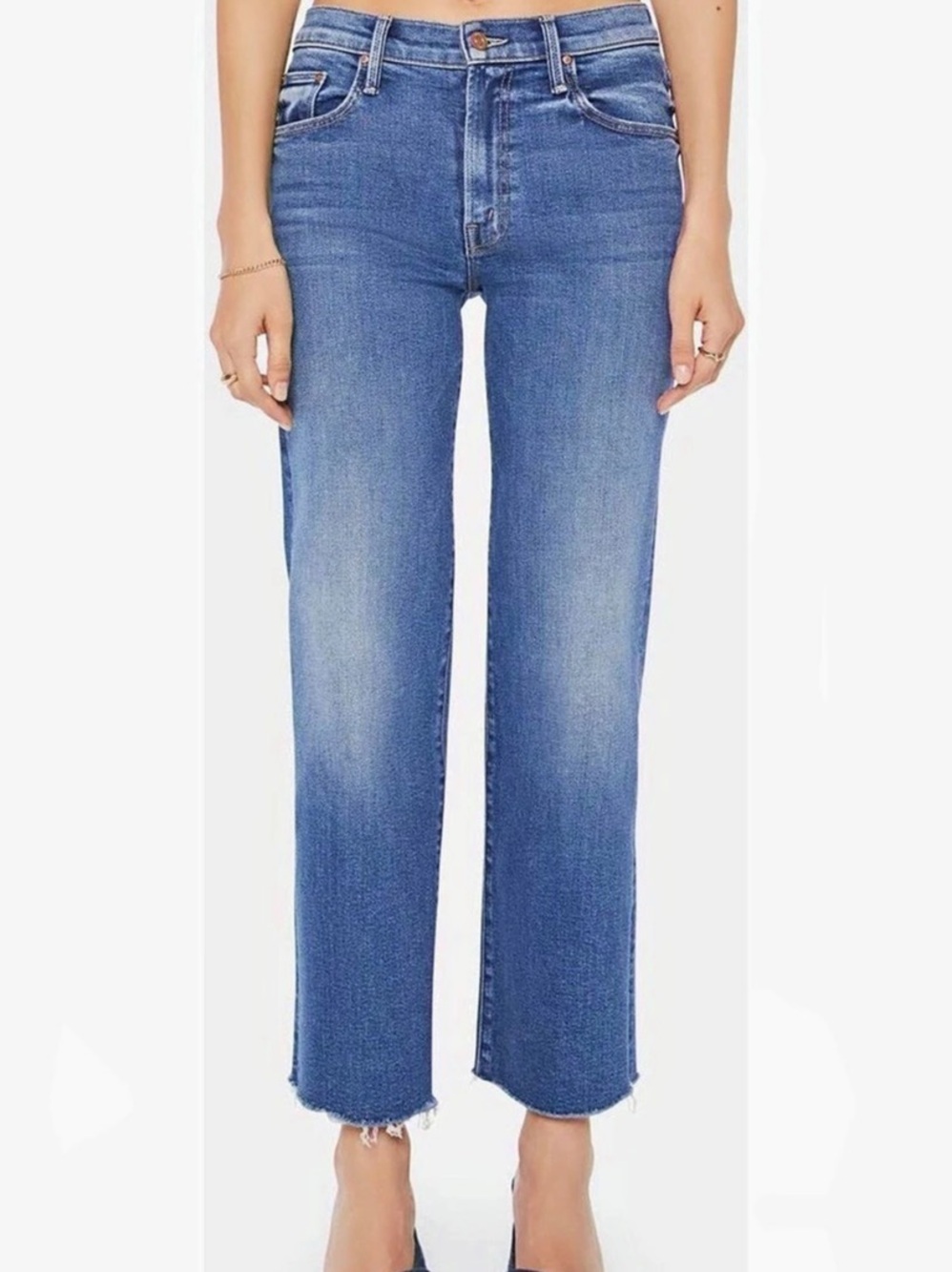 Mother The Mid Rise Rambler Zip Ankle Fray Straight Leg Jeans in Blue Waist 28